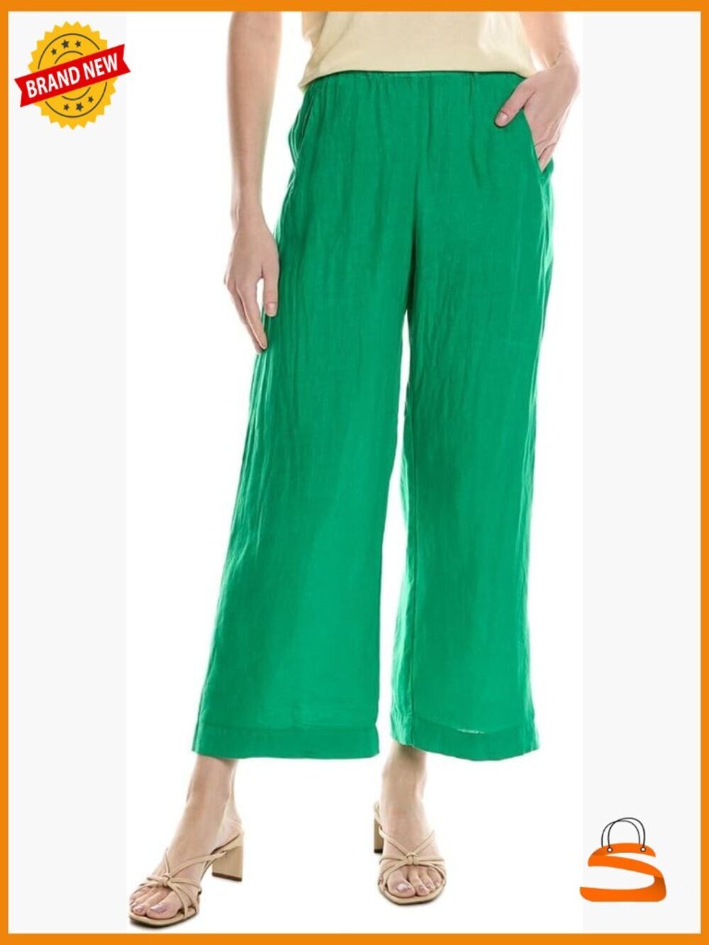 Woven Linen Pull-On Straight Leg Pants with Elastic Waistband & Pockets